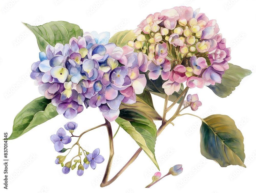 Watercolor Luxurious open hydrangea flowers with buds and half-opened flowers Watercolor Luxurious open hydrangea flowers with buds and half-opened flowers
