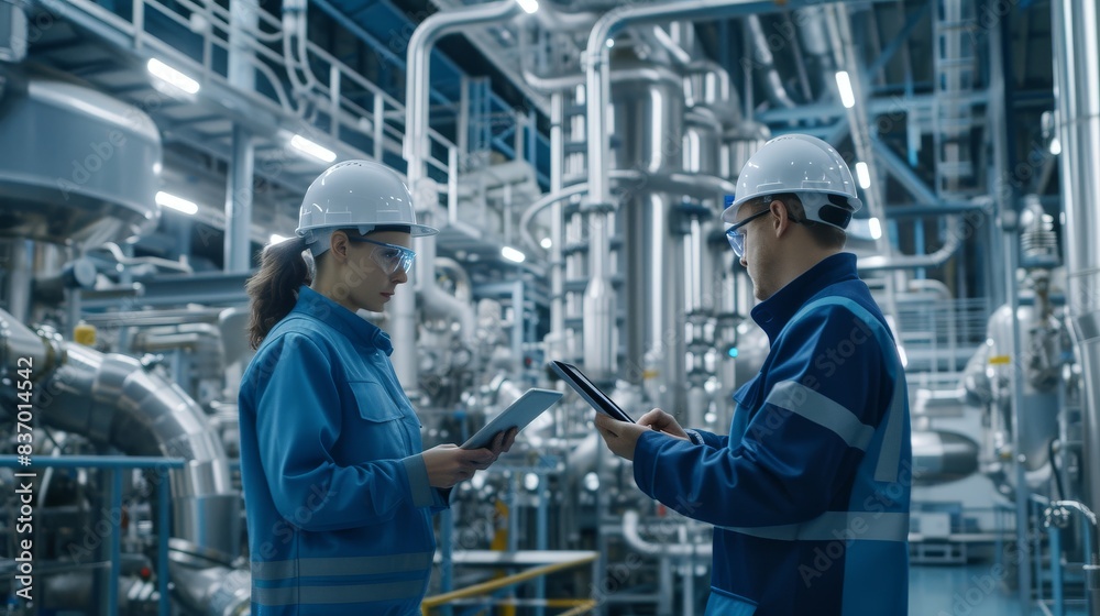Team of engineers checking data on tablets while overseeing factory operations Team of engineers checking data on tablets while overseeing factory operations