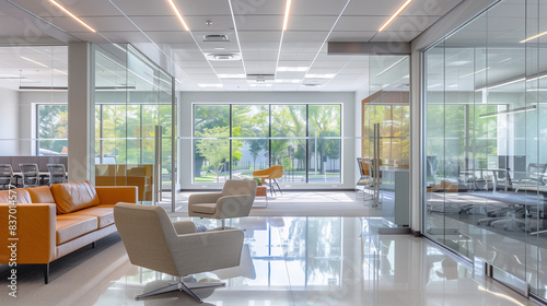 Corporate Office Interior with Glass Walls and Modern Furniture