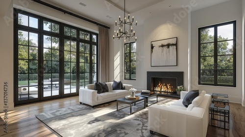 Beautiful living room interior with hardwood floors and fireplace in new luxury home