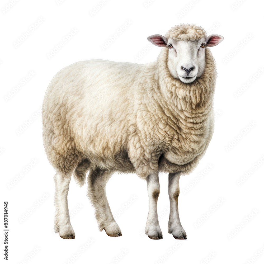 A photo of a fluffy white sheep standing and looking ahead, isolated on a white background. PNG transparent A photo of a fluffy white sheep standing and looking ahead, isolated on a white background. PNG transparent