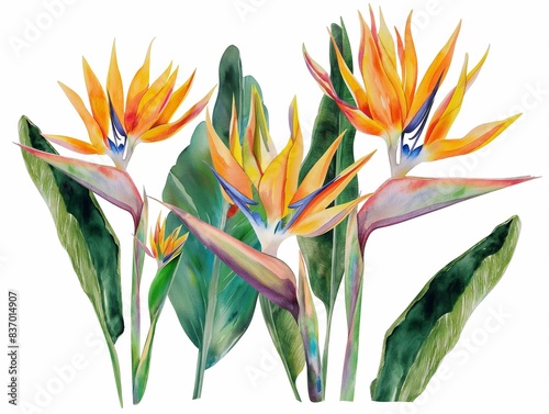 Watercolor Luxurious open bird of paradise flowers with buds and half-opened flowers and several leaves