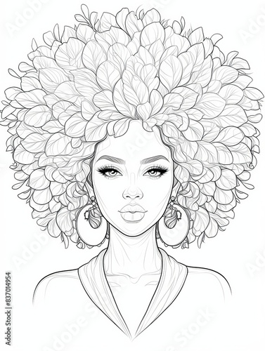 Coloring page of a woman's Afro, face not shown, simple cartoon style with no shading, suitable for adult coloring book.