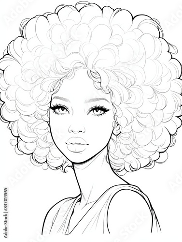 Simple cartoon Afro image for adult coloring book, woman's face only, no shading, low detail.