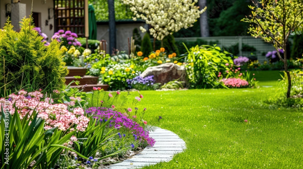 Obraz premium beautiful spring garden with flowers and lawn grass