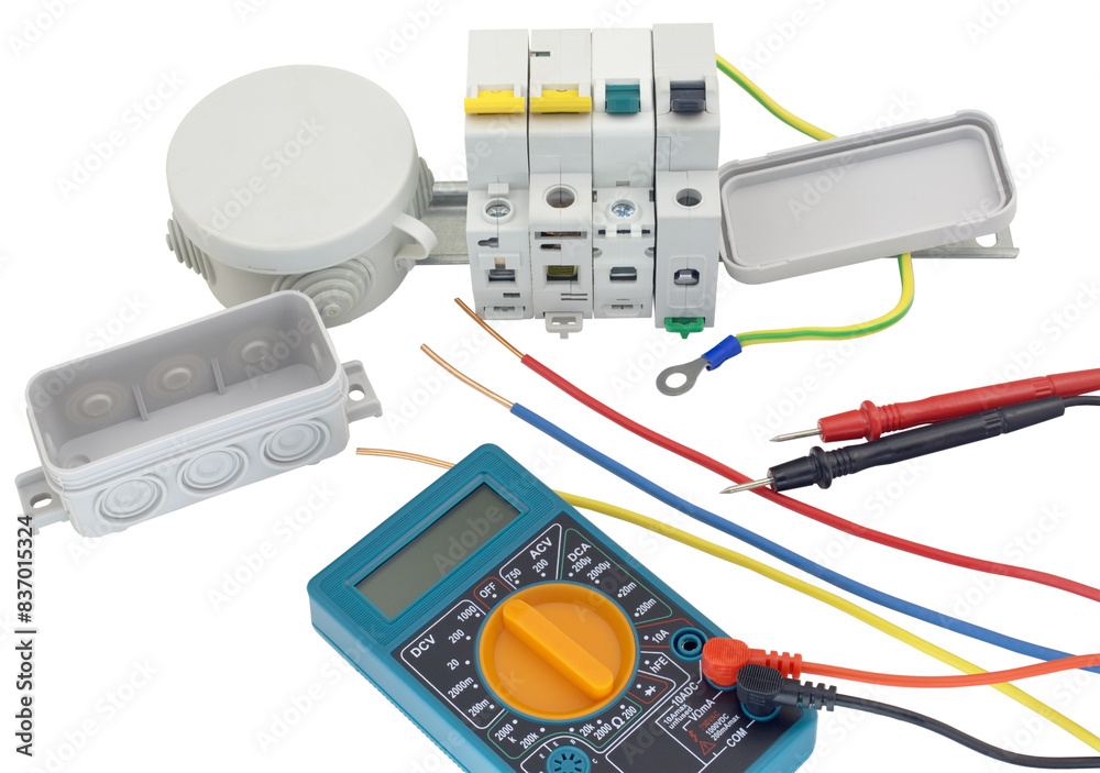 Fototapeta premium cutting box, digital multimeter, circuit breakers