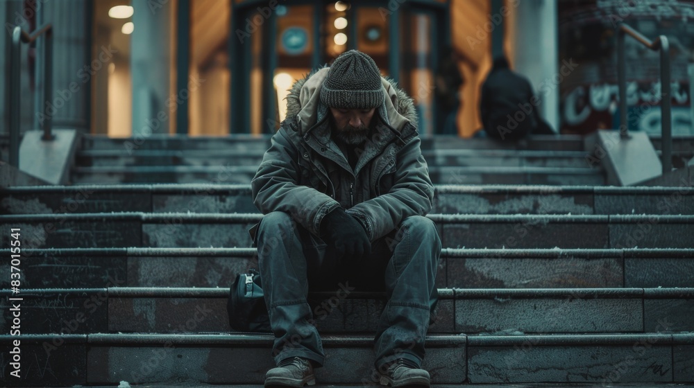 a homeless couple sitting on the steps of a public building a homeless couple sitting on the steps of a public building