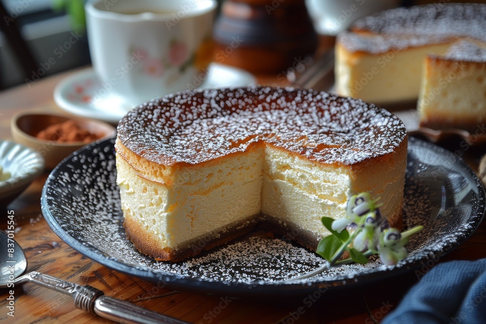 Japanese Cheesecake - Light and fluffy cheesecake, often topped with powdered sugar. Japanese Cheesecake - Light and fluffy cheesecake, often topped with powdered sugar.
