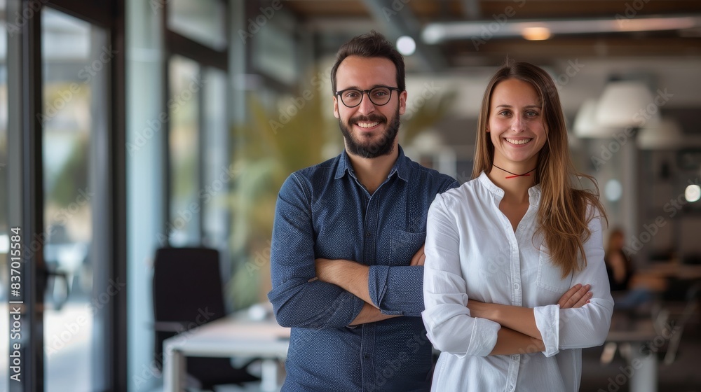 Smiling business partners posing together with crossed arms in a contemporary office environment