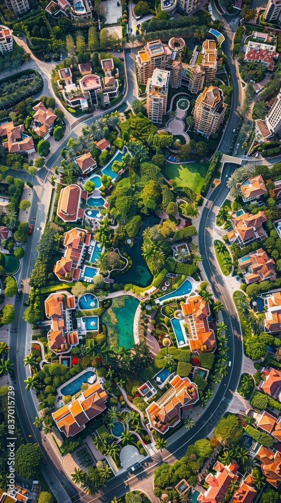 Fototapeta premium Vibrant luxury homes and gardens in high-altitude city district, with colors of tiger orange, corn yellow, sand, and cyan blue.