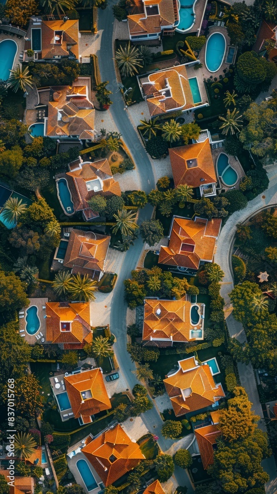 Obraz premium Luxury homes in high-altitude city district with vibrant tiger orange, corn yellow, sand, and cyan blue gardens.