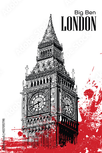 Big Ben, Houses of Kingdom. Travel sketch. Vintage hand drawn postcard, poster, book illustration. Vector artwork 