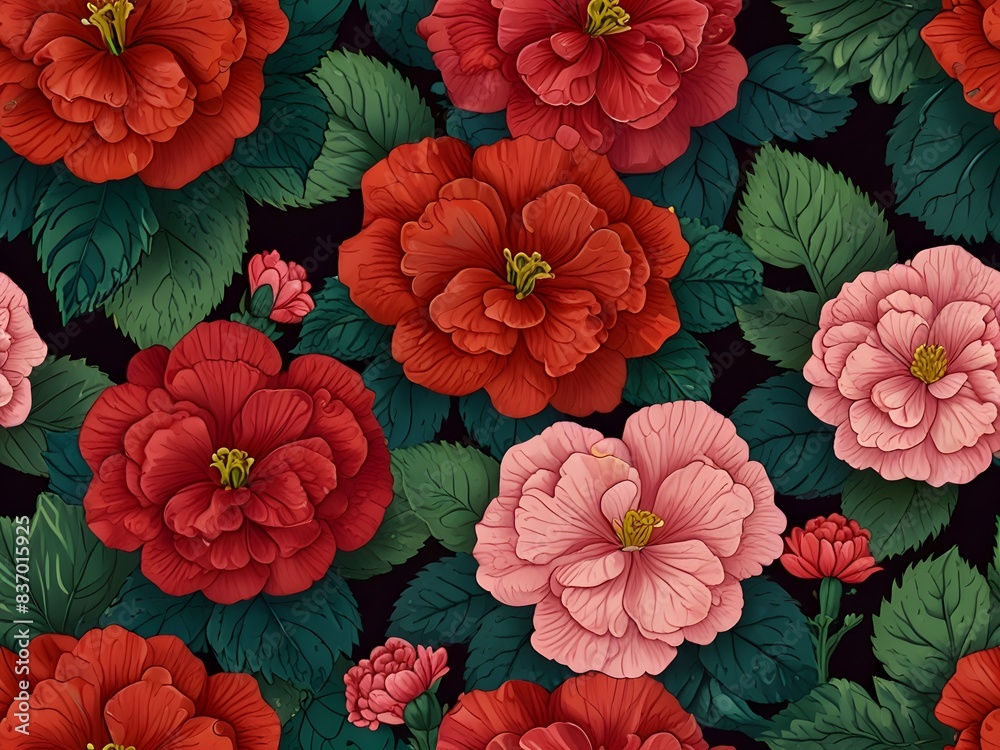 Seamless Pattern of Begonias in Bright Red and Pink, generative AI Seamless Pattern of Begonias in Bright Red and Pink, generative AI