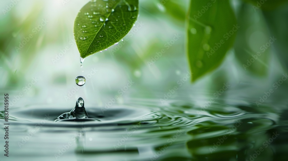 Close-up of a water drop poised to fall from the tip of a leaf, clean background accentuating the purity and simplicity of the moment. Close-up of a water drop poised to fall from the tip of a leaf, clean background accentuating the purity and simplicity of the moment.