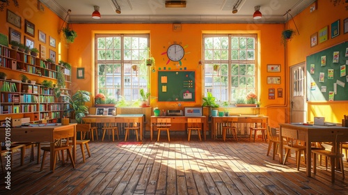 Colorful and Bright Elementary School Classroom with Wooden Chairs, Large Windows and Green Plant Decorations, Perfect Learning EnvironmentClassroom