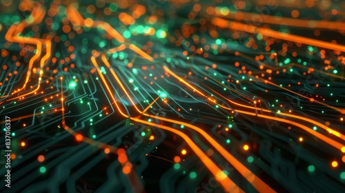 Slick, glossy black surfaces intersected by glowing orange and green neon lines, conveying a high-speed data network in motion