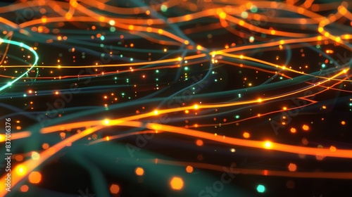 Slick, glossy black surfaces intersected by glowing orange and green neon lines, conveying a high-speed data network in motion
