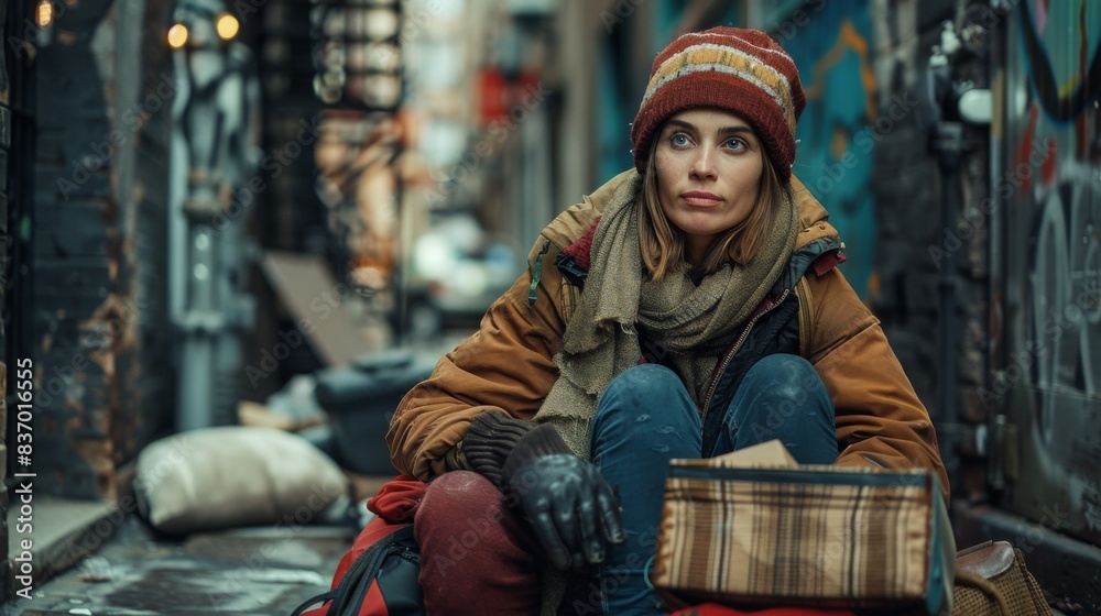 High-quality image of a homeless woman sitting with her belongings in a city alley High-quality image of a homeless woman sitting with her belongings in a city alley