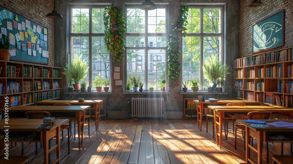 The peaceful and bright morning sun illuminating an empty classroom with wooden desks, bookshelves, lush indoor plants and large windows overlooking a green outdoor sceneclassroom The peaceful and bright morning sun illuminating an empty classroom with wooden desks, bookshelves, lush indoor plants and large windows overlooking a green outdoor sceneclassroom