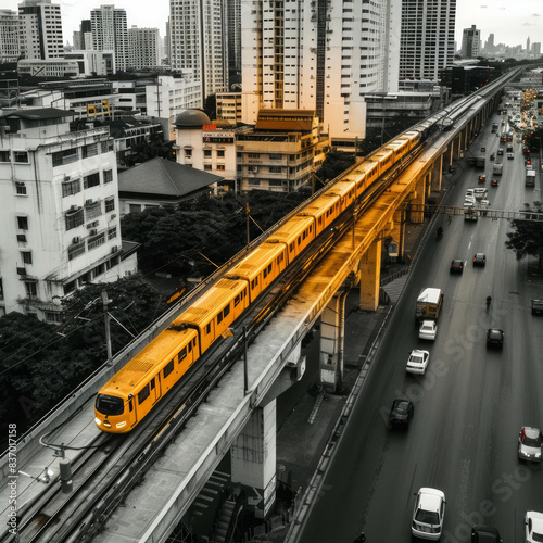 From above, Bangkok's dynamic unfolds, with the BTS train standing out in striking gold against the backdrop of grey urban architecture. Ideal for conveying the vibrancy of urban life. AI generative. photo