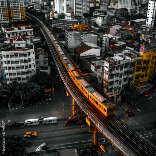 This aerial perspective showcases Bangkok's urban hustle, with the golden BTS train cutting through the city's grey landscape. AI generative. photo