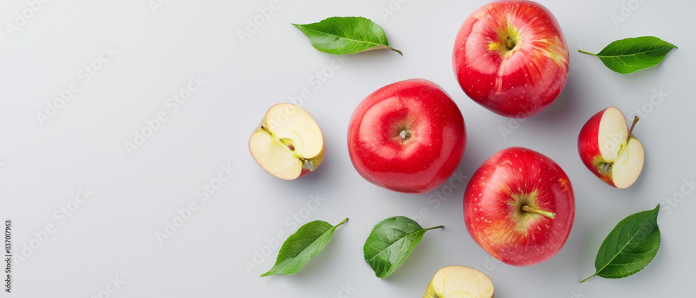 Naklejka premium Ripe fresh apples flat lay top view summer plain soft matte background