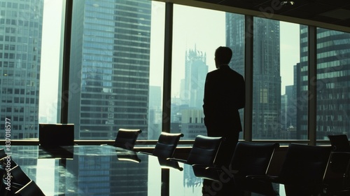 Contemplative Corporate Board Member in High-Rise Office Meeting Room Looking Through Window in Cinematic Scene - Wide Shot 3/4 Profile