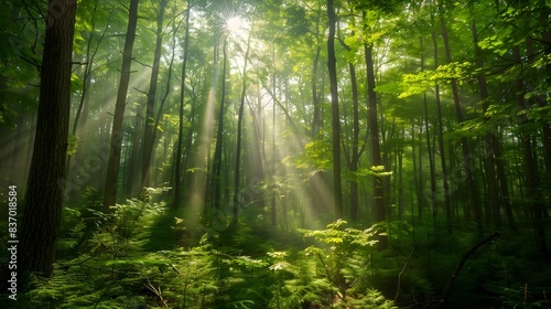 Lush Green Forest with Sunlight Streaming Through Canopy © xxom.o