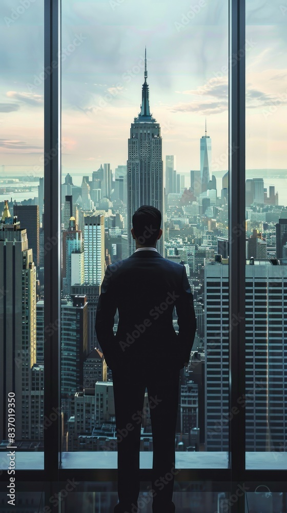 Fototapeta premium Ambitious Manager Contemplating Success in Modern Office with Manhattan Skyline View