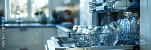 This image shows an open dishwasher with clean dishes in a stylish kitchen, featuring a light blue and white color palette. It reflects a clean, organized, and efficient household. AI generative. photo