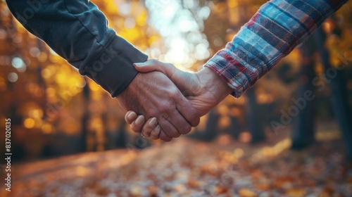 A couple is holding hands in the fall. The leaves on the trees are turning brown and orange, and the sun is shining through the trees.