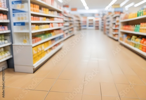 Blurred convenience store with shelves stocked with various products, tiled floor in the foreground