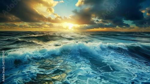 A breathtaking image of the ocean under the sky  highlighting the peaceful and beautiful aspects of nature. The calm waters and clear horizon evoke a sense of serenity. AI generative.