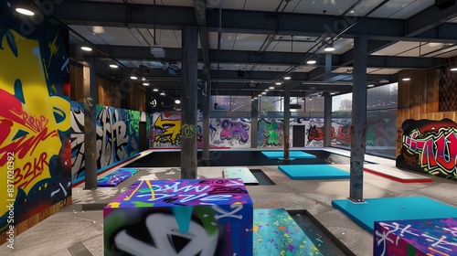 Urban parkour training space with foam pits and colorful graffiti for free running.