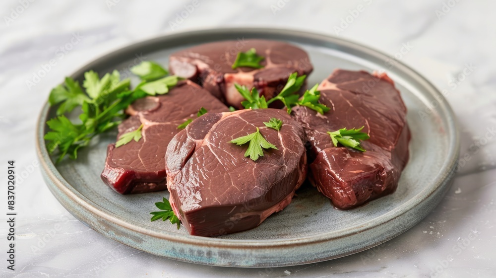 a plate of raw deer meat. The meat is dark red in color and has a fine texture. a plate of raw deer meat. The meat is dark red in color and has a fine texture.