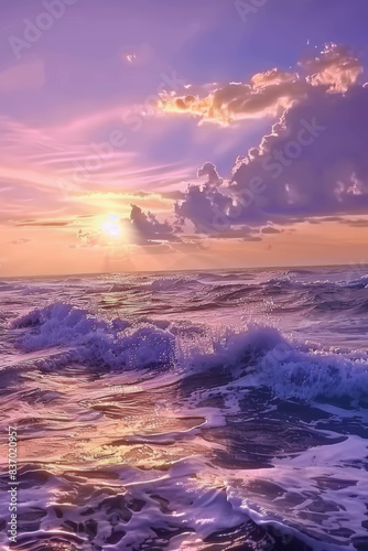 Beautiful ocean waves bathed in the warm glow of a sunset with a universal sky create a breathtaking and serene scene. AI generative.