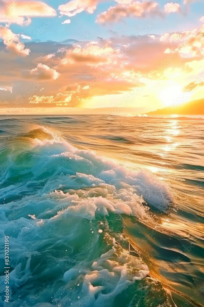Featuring beautiful ocean waves at sunset under a universal sky, this image captures the essence of nature's serene and picturesque landscapes. AI generative.
