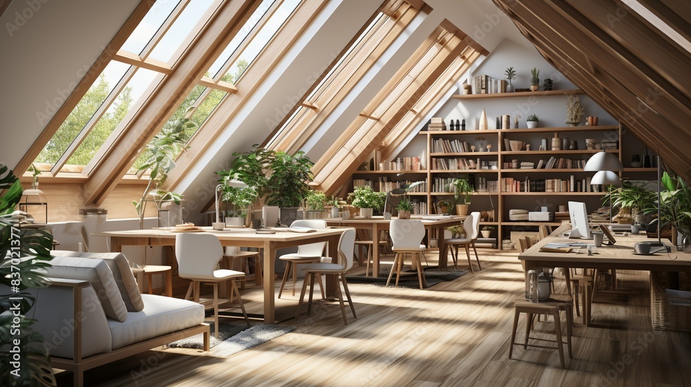 A bright and airy loft workspace with exposed beams, skylights, and potted plants, creating a refreshing and inspiring environment for creative brainstorming and ideation. Minimal and Simple, A bright and airy loft workspace with exposed beams, skylights, and potted plants, creating a refreshing and inspiring environment for creative brainstorming and ideation. Minimal and Simple,