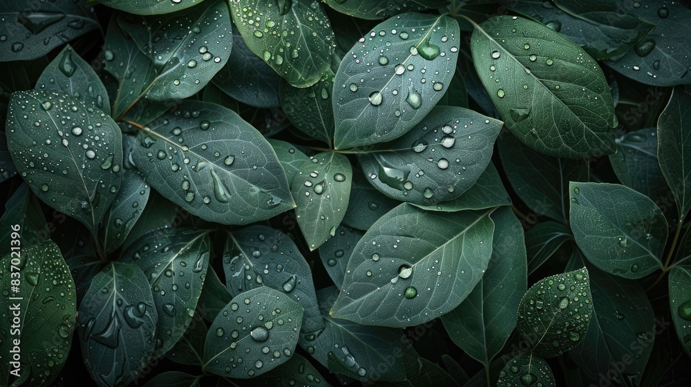 Obraz premium Close-up of raindrops on green leaves.
