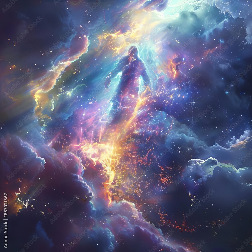 A lone figure stands amidst a swirling nebula, bathed in ethereal light. A lone figure stands amidst a swirling nebula, bathed in ethereal light.