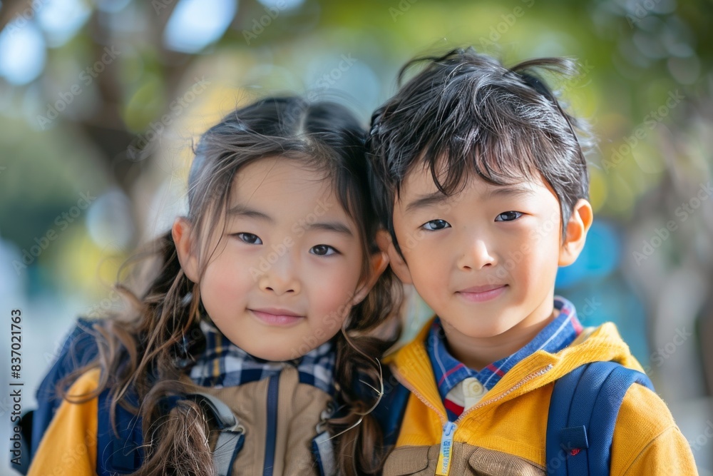 happy asian siblings looking at camera ready to go back to school, early autumn, both kids in focus happy asian siblings looking at camera ready to go back to school, early autumn, both kids in focus