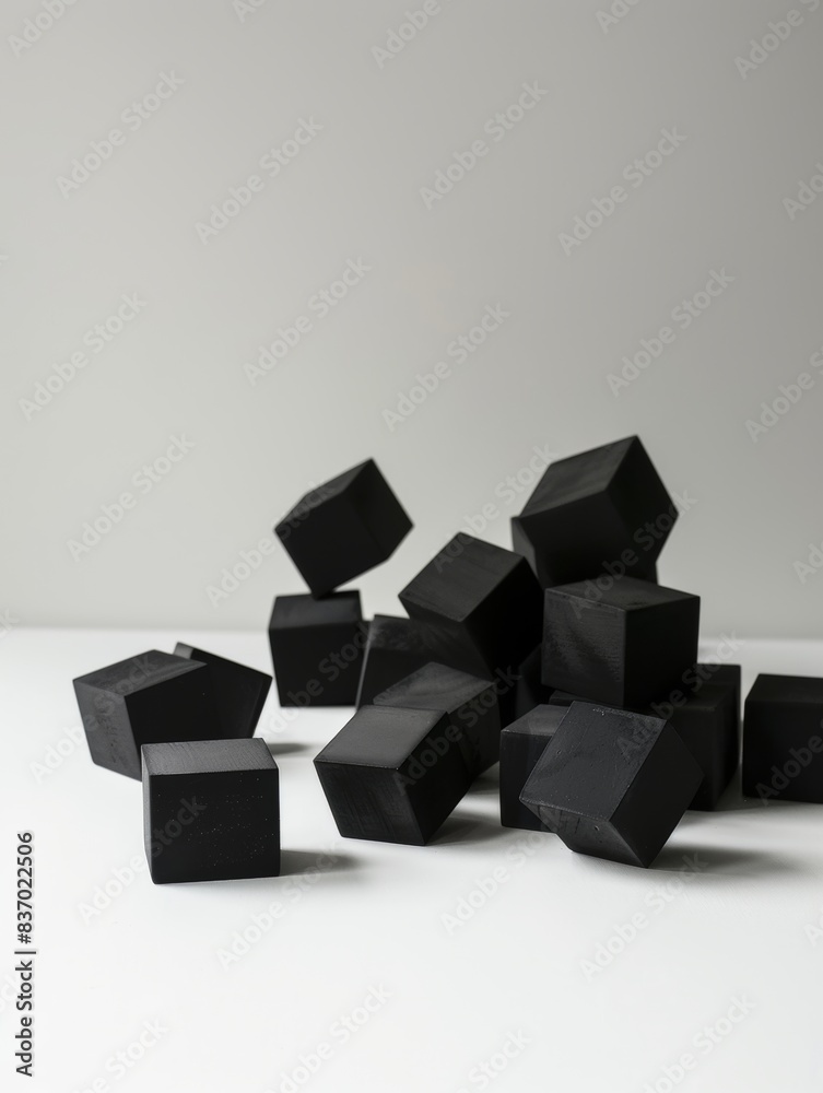 Studio light, Low-angle front view, some black blocks lying on the white ground, white background Studio light, Low-angle front view, some black blocks lying on the white ground, white background