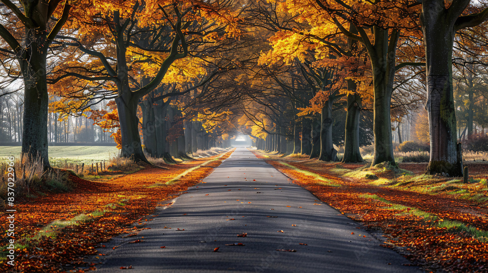 Fototapeta premium Dutch countryside in autumn with vibrant tree colors and a clear road