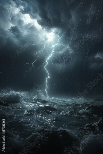 Intense Thunderstorm over Turbulent Ocean with Dramatic Lightning Strike Illuminating Dark Sky and Heavy Rainfall on a Stormy Nightstorm