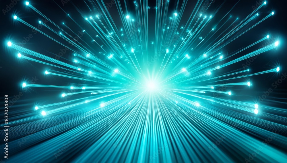 Turquoise fiber optic lights fanning out like a fountain from a central point, creating a mesmerizing visual effect. The radiant beams and sparkling dots evoke innovation, advanced technology.
