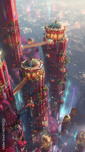a far up sky view looking down on a large multi colored neon metroplex city made out of modern style red marble mega towers that have multiple floors which have a mansion type aesthetic to them even t © Idirmesrouk