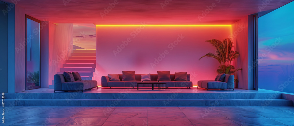 Modern Elegance: Neon-Lit Living Room with Minimalist DÃ©cor and Vibrant Accents
