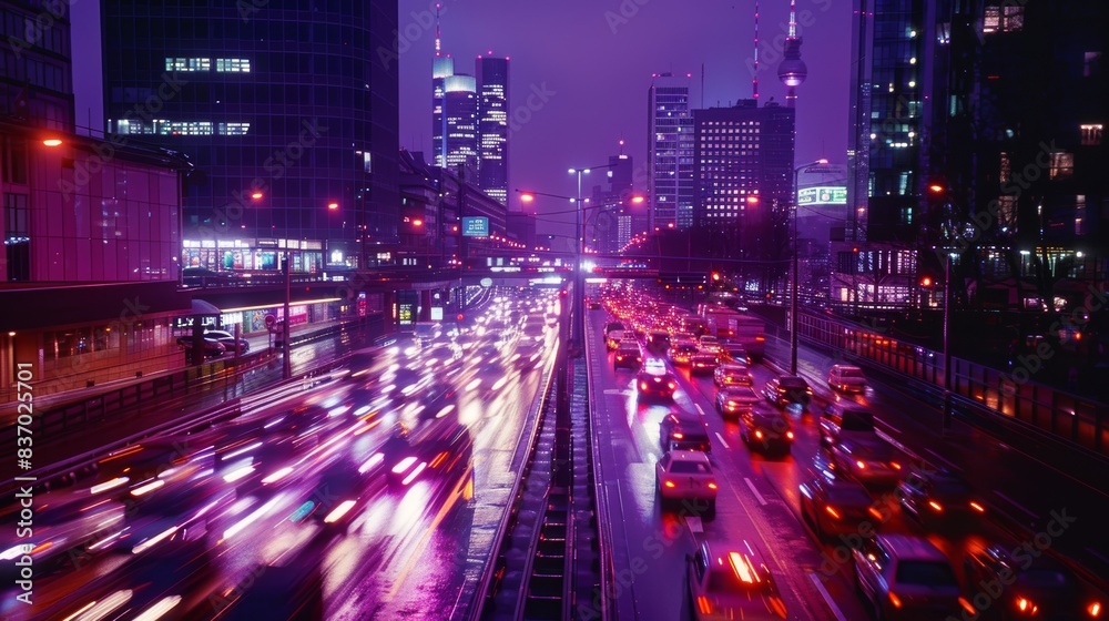 An urban scene illuminated by dynamic streaks of light from nighttime city traffic. An urban scene illuminated by dynamic streaks of light from nighttime city traffic.