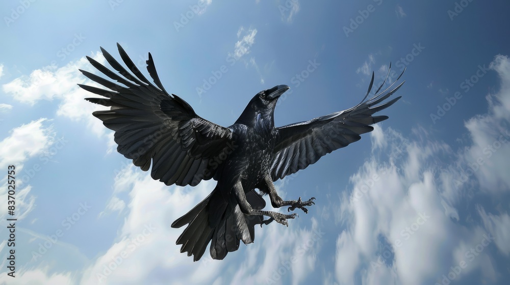 Obraz premium Young Common Raven hovers high in blue sky with stretched wings and tail