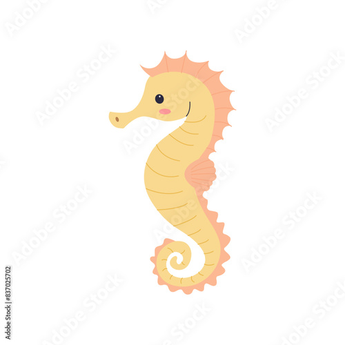 Cute seahorse isolated on white background, children's illustration in flat style. Vector. Sea life